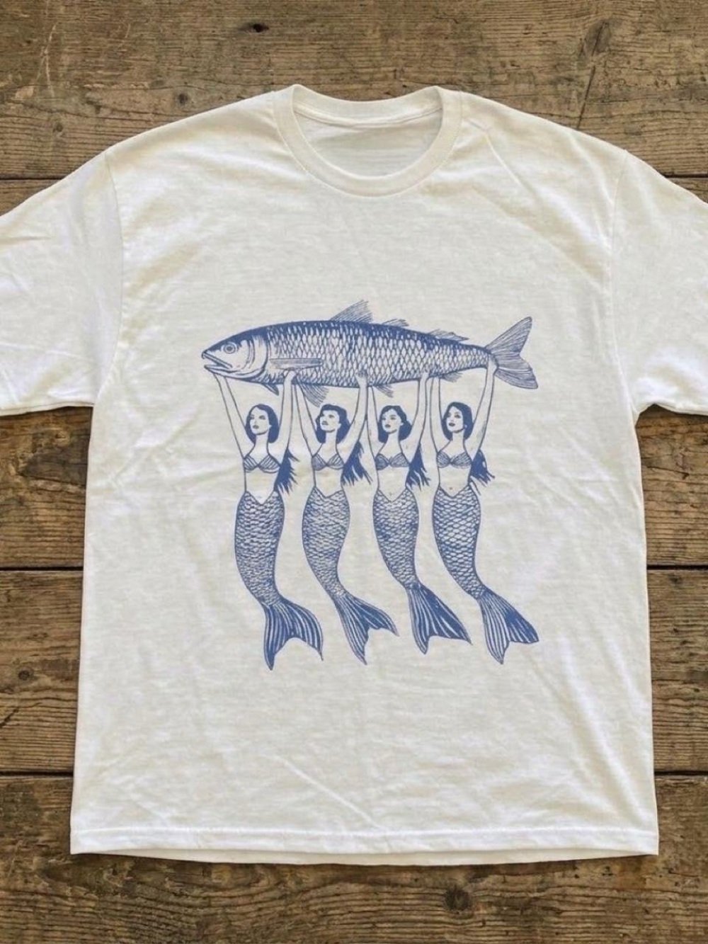 Gildan White Tee with Blue Mermaid Quartet & Fish Graphic